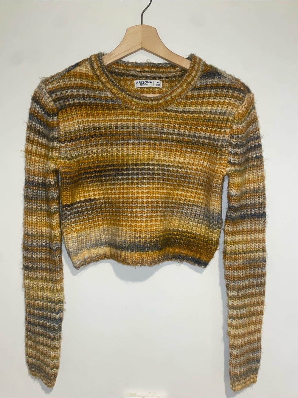 Arizona Jean Company Striped Cropped Mohair-Blend Sweater in Mustard and Gray
